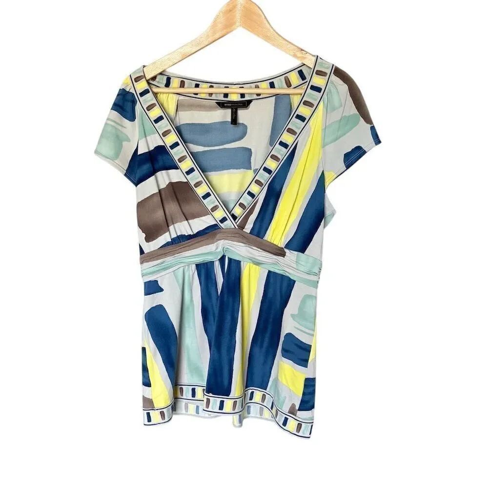 BCBGMaxAzria Women's V-Neck Empire Waist Blouse Multicolor Size L Y2K